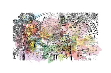 Print Building view, Almanya 'nın güneybatısında yer alan bir şehirdir. Vektörde elle çizilmiş resim ile suluboya sıçraması.