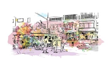 Print Building view with landmark of Philipsburg is capital of Sint Maarten. Vektörde elle çizilmiş resim ile suluboya sıçraması.