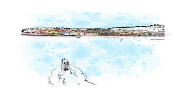 Print Building view with landmark of Philipsburg is capital of Sint Maarten. Vektörde elle çizilmiş resim ile suluboya sıçraması.