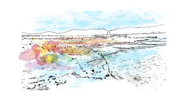 Print Building view with landmark of Philipsburg is capital of Sint Maarten. Vektörde elle çizilmiş resim ile suluboya sıçraması.