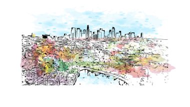 Print Building view with landmark of Philipsburg is capital of Sint Maarten. Vektörde elle çizilmiş resim ile suluboya sıçraması.