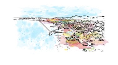 Print Building view with landmark of Philipsburg is capital of Sint Maarten. Vektörde elle çizilmiş resim ile suluboya sıçraması.