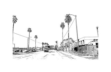 Phoenix 'in simgesi olan Print Building View Arizona' da bulunmaktadır. Vektörde elle çizilmiş çizim çizimi.