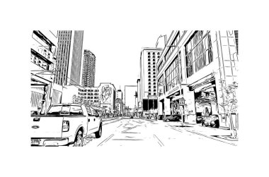 Phoenix 'in simgesi olan Print Building View Arizona' da bulunmaktadır. Vektörde elle çizilmiş çizim çizimi.