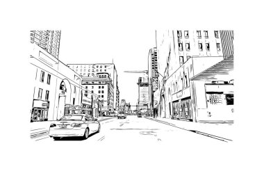 Phoenix 'in simgesi olan Print Building View Arizona' da bulunmaktadır. Vektörde elle çizilmiş çizim çizimi.