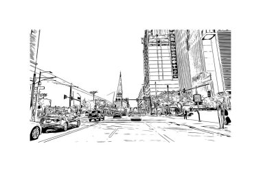 Phoenix 'in simgesi olan Print Building View Arizona' da bulunmaktadır. Vektörde elle çizilmiş çizim çizimi.