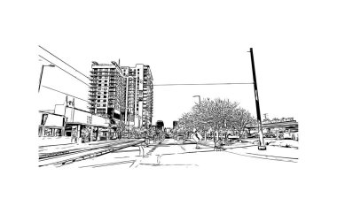 Phoenix 'in simgesi olan Print Building View Arizona' da bulunmaktadır. Vektörde elle çizilmiş çizim çizimi.