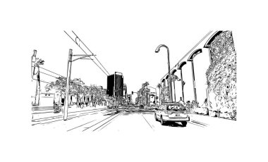 Phoenix 'in simgesi olan Print Building View Arizona' da bulunmaktadır. Vektörde elle çizilmiş çizim çizimi.