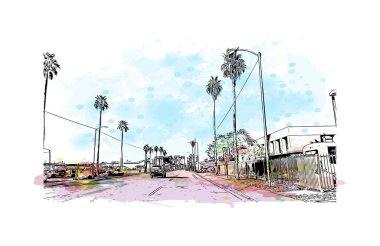 Phoenix 'in simgesi olan Print Building View Arizona' da bulunmaktadır. Vektörde elle çizilmiş resim ile suluboya sıçraması.