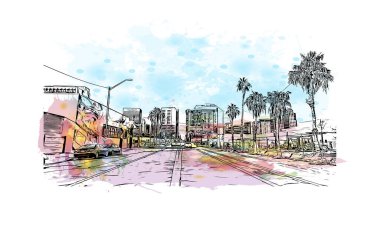 Phoenix 'in simgesi olan Print Building View Arizona' da bulunmaktadır. Vektörde elle çizilmiş resim ile suluboya sıçraması.