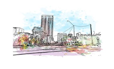 Phoenix 'in simgesi olan Print Building View Arizona' da bulunmaktadır. Vektörde elle çizilmiş resim ile suluboya sıçraması