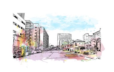 Phoenix 'in simgesi olan Print Building View Arizona' da bulunmaktadır. Vektörde elle çizilmiş resim ile suluboya sıçraması