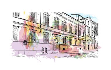 Print Building view with landmark of Piacenza İtalya 'da bir şehirdir. Vektörde elle çizilmiş resim ile suluboya sıçraması.