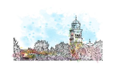 Print Building view with landmark of Piacenza İtalya 'da bir şehirdir. Vektörde elle çizilmiş resim ile suluboya sıçraması.