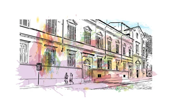 Print Building view with landmark of Piacenza İtalya 'da bir şehirdir. Vektörde elle çizilmiş resim ile suluboya sıçraması.