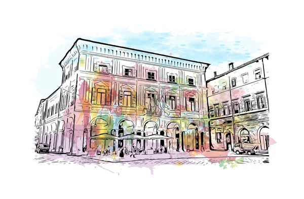 Print Building view with landmark of Piacenza İtalya 'da bir şehirdir. Vektörde elle çizilmiş resim ile suluboya sıçraması.