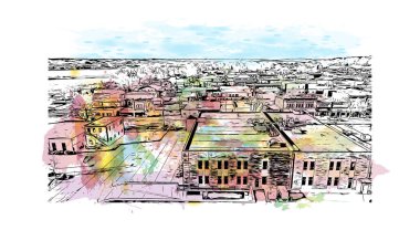 Print Building view with landmark of Pierre is the capital city of South Dakota. Vektörde elle çizilmiş resim ile suluboya sıçraması.