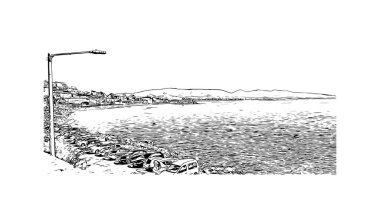  Pireas 'ın tarihi yapısına sahip bina, Yunanistan' ın kentidir. Vektörde elle çizilmiş çizim çizimi.