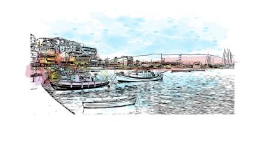 Print Building view with landmark of Pireas is the city in Greece. Vektörde elle çizilmiş resim ile suluboya sıçraması.