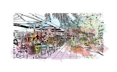 Print Building view with landmark of Pireas is the city in Greece. Vektörde elle çizilmiş resim ile suluboya sıçraması.