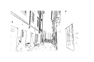 Slovenya 'nın başkenti Piran' ın simgesi olan Print Building View 'dir. Vektörde elle çizilmiş çizim çizimi.