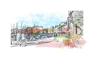 Slovenya 'nın başkenti Piran' ın simgesi olan Print Building View 'dir. Vektörde elle çizilmiş resim ile suluboya sıçraması.