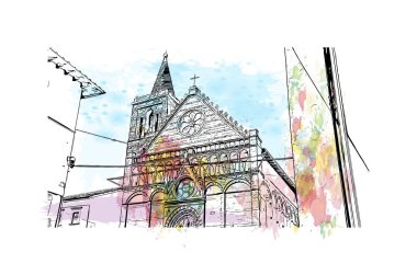 Print Building view with landmark of Pistoia İtalya 'da bir şehirdir. Vektörde elle çizilmiş resim ile suluboya sıçraması.