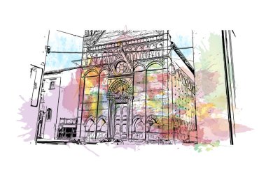 Print Building view with landmark of Pistoia İtalya 'da bir şehirdir. Vektörde elle çizilmiş resim ile suluboya sıçraması.