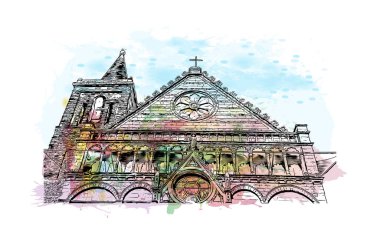 Print Building view with landmark of Pistoia İtalya 'da bir şehirdir. Vektörde elle çizilmiş resim ile suluboya sıçraması.