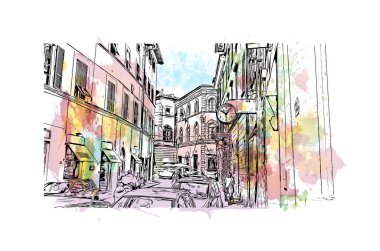 Print Building view with landmark of Pistoia İtalya 'da bir şehirdir. Vektörde elle çizilmiş resim ile suluboya sıçraması.