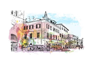 Print Building view with landmark of Pistoia İtalya 'da bir şehirdir. Vektörde elle çizilmiş resim ile suluboya sıçraması.