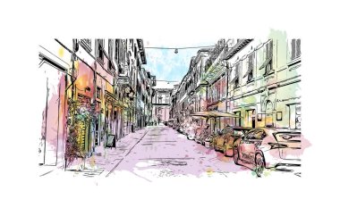 Print Building view with landmark of Pistoia İtalya 'da bir şehirdir. Vektörde elle çizilmiş resim ile suluboya sıçraması.