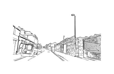 Print Building view with landmark of Plymouth is the city of England. Vektörde elle çizilmiş çizim çizimi.