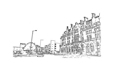 Print Building view with landmark of Plymouth is the city of England. Vektörde elle çizilmiş çizim çizimi.