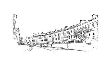 Print Building view with landmark of Plymouth is the city of England. Vektörde elle çizilmiş çizim çizimi.