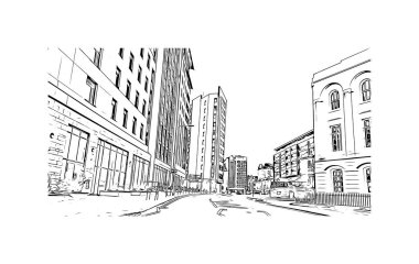 Print Building view with landmark of Plymouth is the city of England. Vektörde elle çizilmiş çizim çizimi.