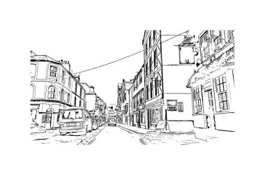 Print Building view with landmark of Plymouth is the city of England. Vektörde elle çizilmiş çizim çizimi.