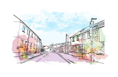 Print Building view with landmark of Plymouth is the city of England. Vektör içinde El çizilmiş çizim ile suluboya sıçraması.