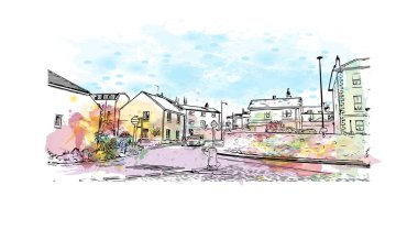 Print Building view with landmark of Plymouth is the city of England. Vektör içinde El çizilmiş çizim ile suluboya sıçraması.