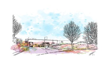 Print Building view with landmark of Plymouth is the city of England. Vektör içinde El çizilmiş çizim ile suluboya sıçraması.