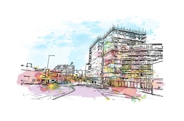 Print Building view with landmark of Plymouth is the city of England. Vektör içinde El çizilmiş çizim ile suluboya sıçraması