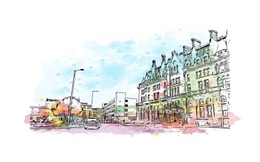 Print Building view with landmark of Plymouth is the city of England. Vektör içinde El çizilmiş çizim ile suluboya sıçraması