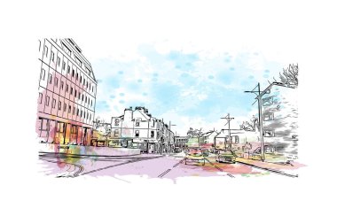 Print Building view with landmark of Plymouth is the city of England. Vektör içinde El çizilmiş çizim ile suluboya sıçraması