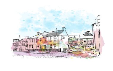 Print Building view with landmark of Plymouth is the city of England. Vektör içinde El çizilmiş çizim ile suluboya sıçraması