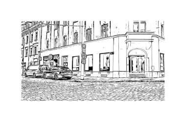 Print Building view of Pilzen, Çek Cumhuriyeti 'nin batısında yer alan bir şehirdir. Vektörde elle çizilmiş çizim çizimi.