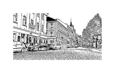 Print Building view of Pilzen, Çek Cumhuriyeti 'nin batısında yer alan bir şehirdir. Vektörde elle çizilmiş çizim çizimi.