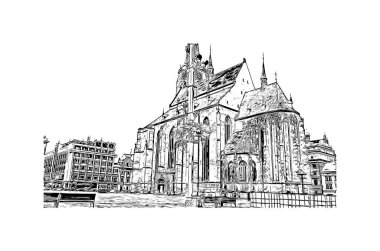 Print Building view of Pilzen, Çek Cumhuriyeti 'nin batısında yer alan bir şehirdir. Vektörde elle çizilmiş çizim çizimi.