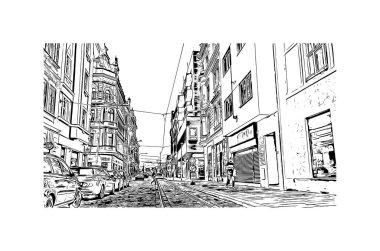 Print Building view of Pilzen, Çek Cumhuriyeti 'nin batısında yer alan bir şehirdir. Vektörde elle çizilmiş çizim çizimi.