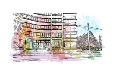 Print Building view of Pilzen, Çek Cumhuriyeti 'nin batısında yer alan bir şehirdir. Vektörde elle çizilmiş resim ile suluboya sıçraması.