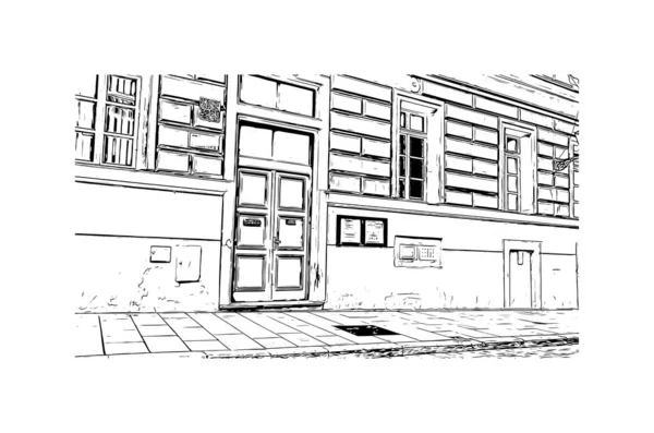 Print Building view of Pilzen, Çek Cumhuriyeti 'nin batısında yer alan bir şehirdir. Vektörde elle çizilmiş çizim çizimi.